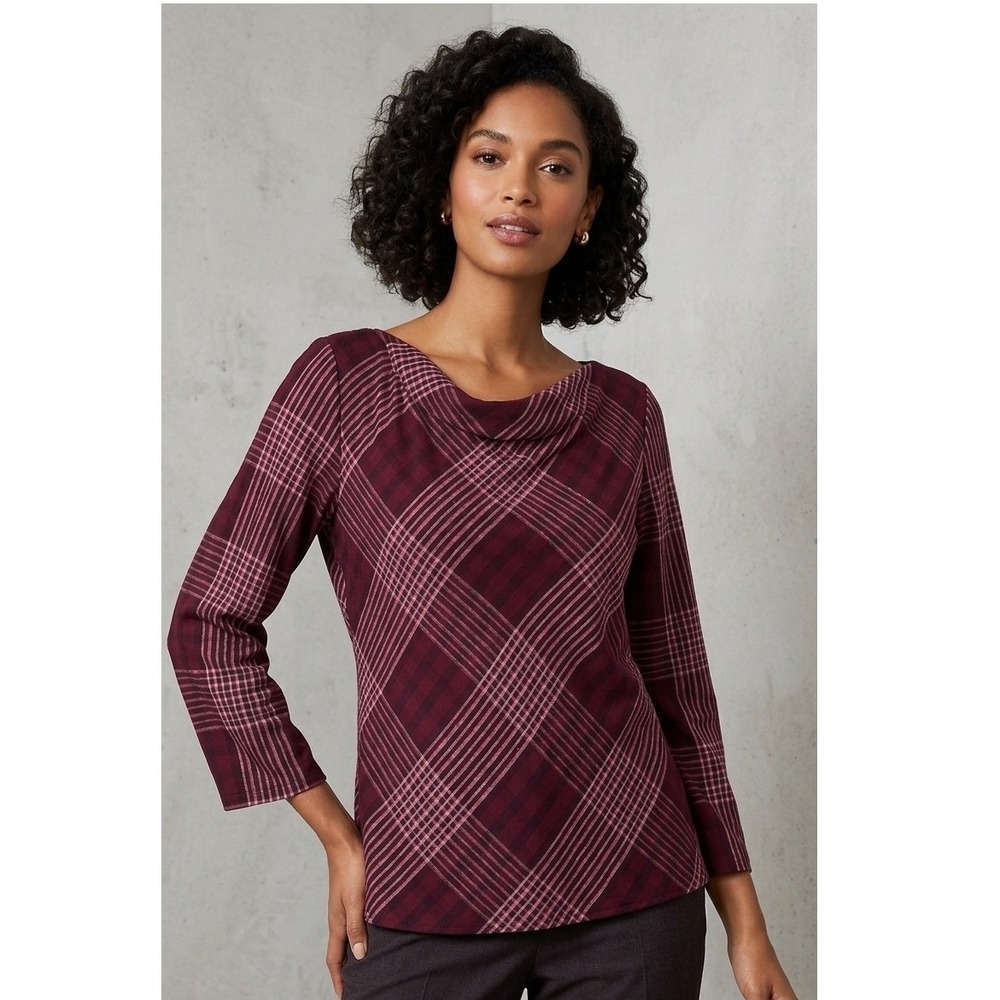 Ann Taylor Factory Burgundy Plaid Cowl Neck Metallic Shimmer Top Medium